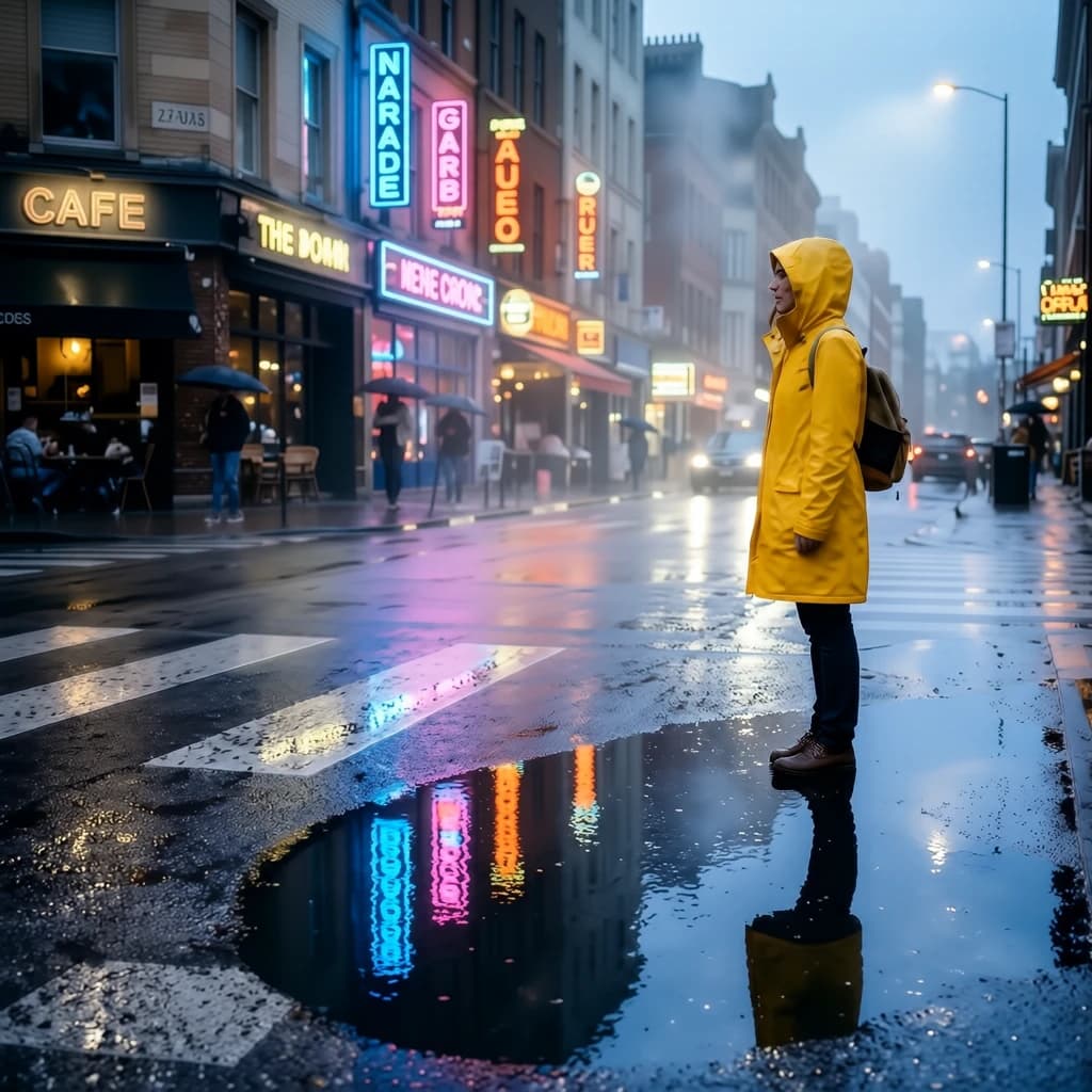 A sunlit city street after rain; puddles mirror neon signs as a woman in a yellow raincoat waits at a crosswalk, soft mist, 50mm look, natural tones, a bit of film grain.