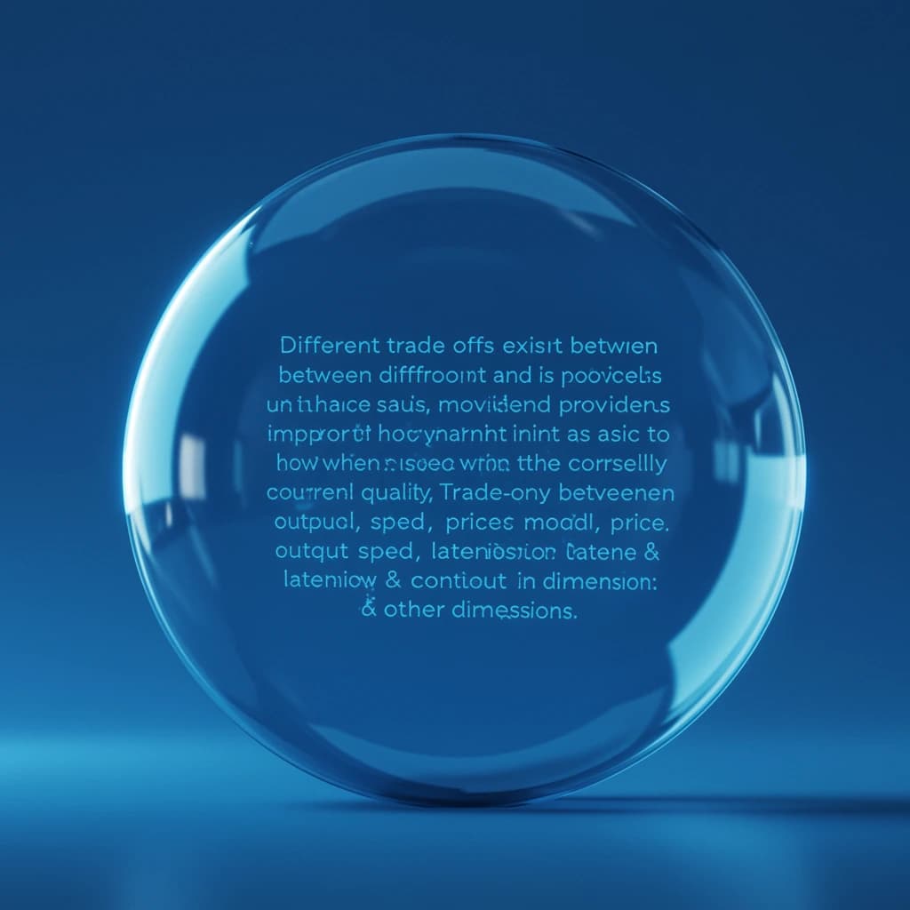 In a clear transparent blue glassy rounded box, etch "Different trade offs exist between different models and providers and as such, it is important to start with how you intend to use the model as the first step. Trade-offs exist currently between model quality, price, output speed, latency, context window & other dimensions. " in sans serif medium weight text. Artificial Analysis is watermarked over the top right 