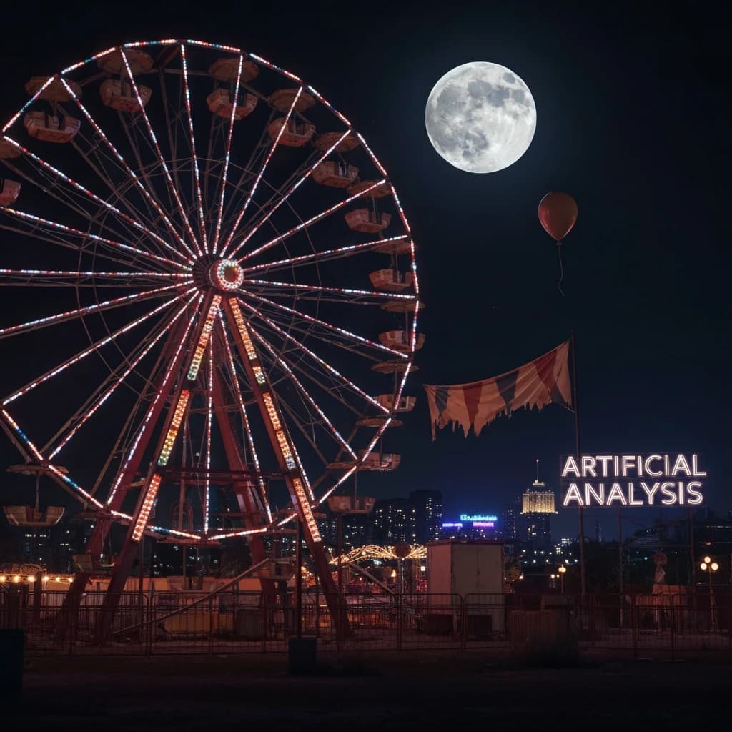 A deserted amusement park glows faintly under a half-moon. The ferris wheel is rusting yet strung with fresh, blinking LED lights. A torn clown banner flaps in a windless air. A lone balloon floats upward, tethered to nothing, while in the far distance city lights flicker on - some neon, some gas lamps as though from another century. 'Artificial Analysis' glows in neon