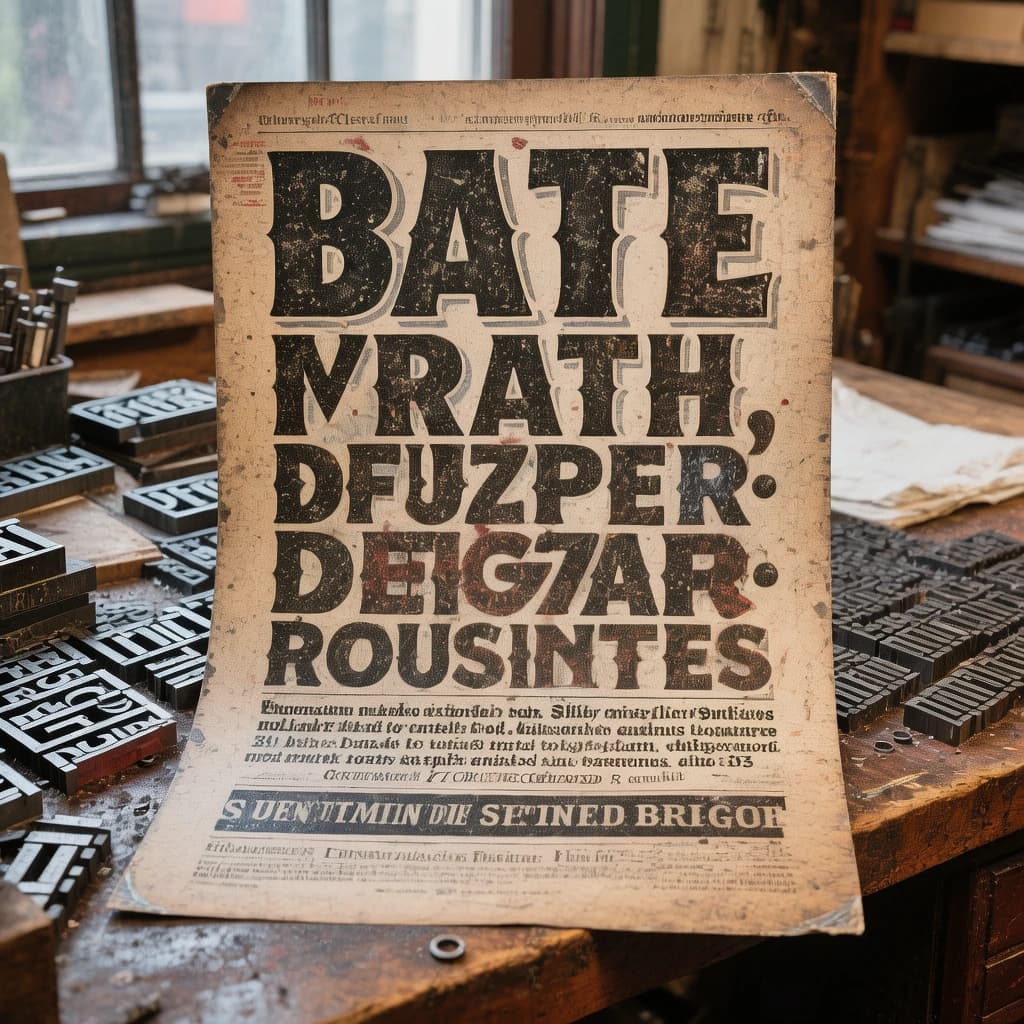 A vintage letterpress poster on a wooden desk: bold slab serif headline, tight kerning, misregistered ink, slightly worn edges, scattered metal type, soft window light.