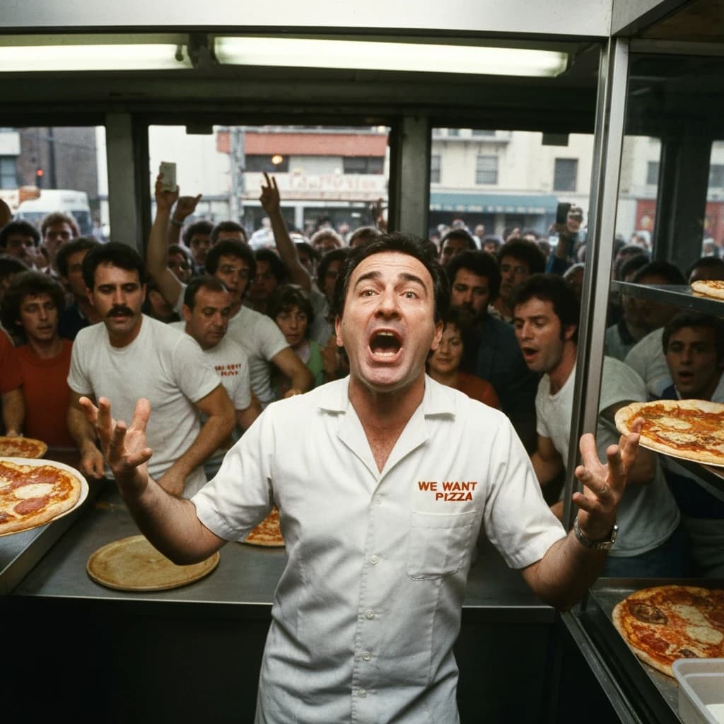 Pasquale is pulling his few remaining hairs out over a disaster at the pizzeria - the cooks are working as fast as they can but the crowds outside are swelling and they demand hot hot pizza! They are banging on the glass and some are wearing "we want pizza" shirts. 1980s western TV animation style.