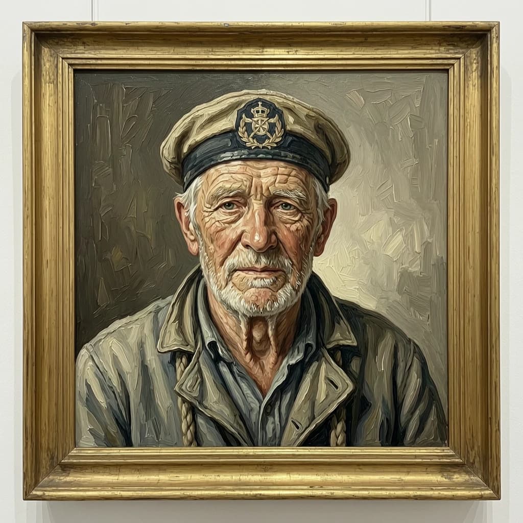 Oil on canvas portrait of an elderly sailor, weathered face, soft light.