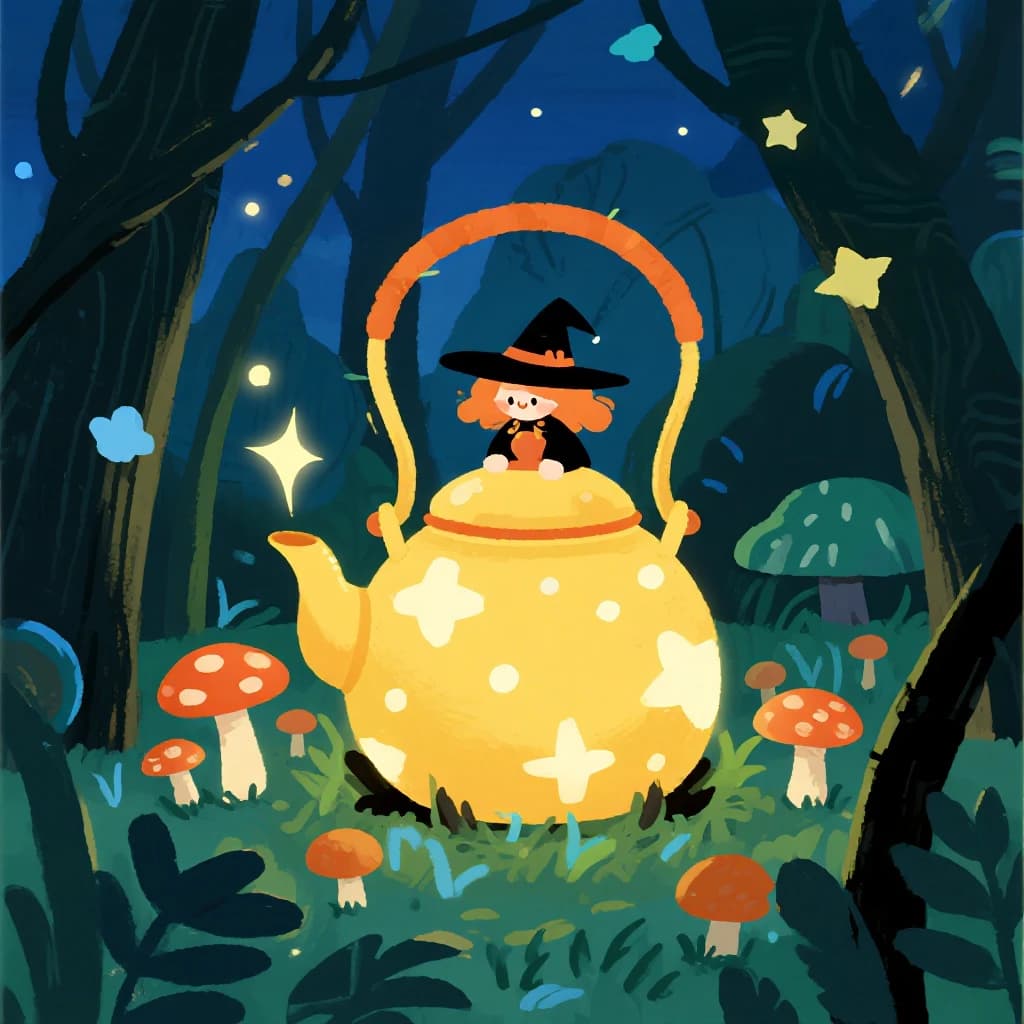 A tiny witch rides a teapot over glowing mushrooms, a bit chibi, thick lines.