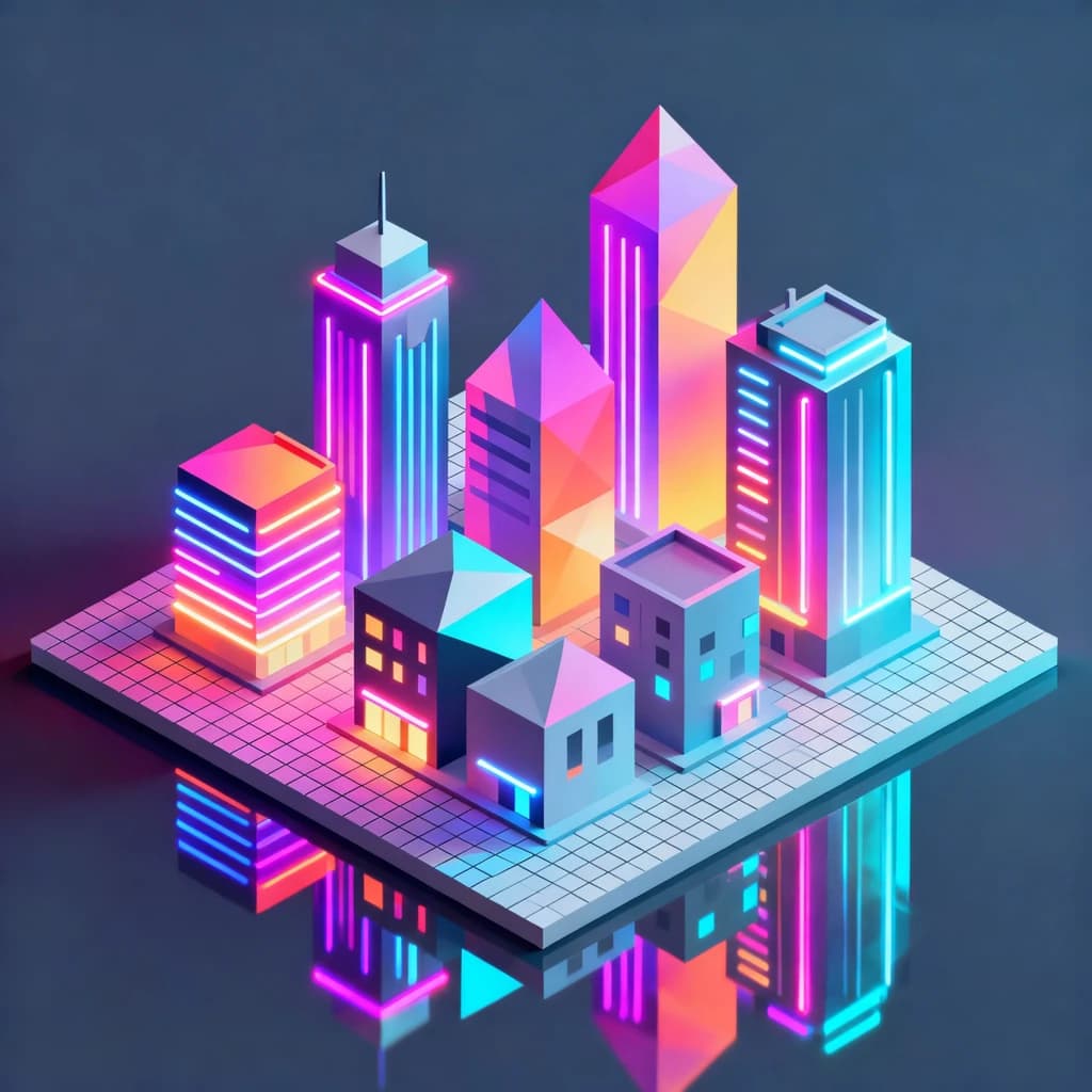Render an isometric city poster with geometric buildings, neon gradients, gloss highlights, soft AO shadows, clean sans-serif lettering, grid layout, reflections a bit overexposed.