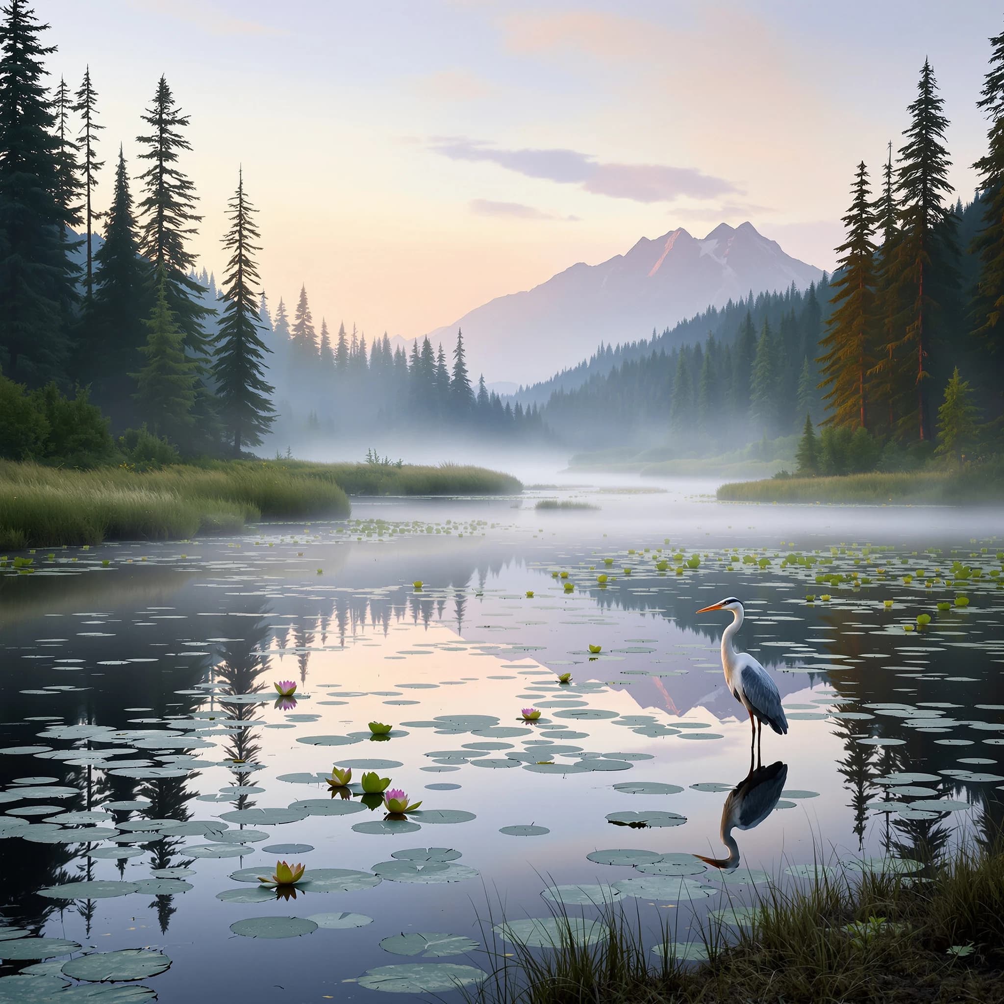 With pre-dawn mist along a cedar forest river and glassy water dotted with lily pads, distant mountains blush pink, and a heron stands still like it forgot what to do next.