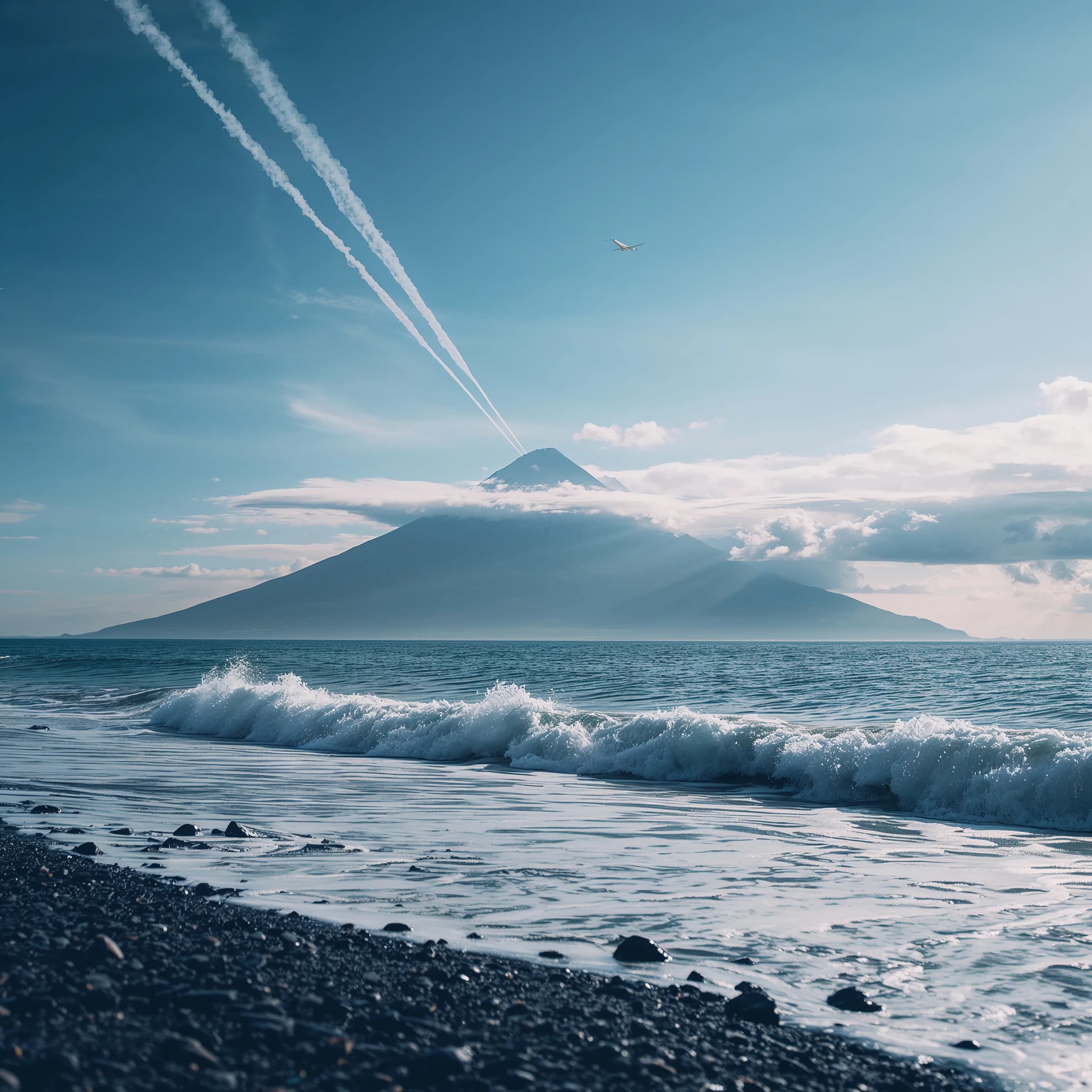 A stunning mountain vista pokes through the cloud top. Contrails from a distant airplane linger in the air. In the foreground there is a stony beach with foamy seas. A thunder storm is visibile in the distant right.