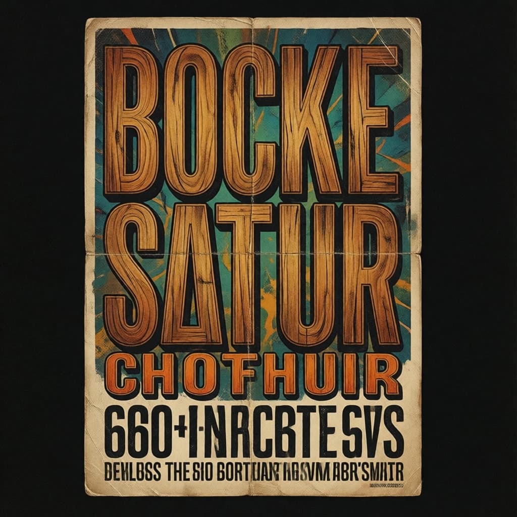Make a 1960s concert poster featuring bold wood type, misaligned ink, creases.