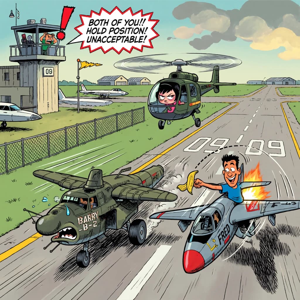 Almost at the runway, Fred the Fighter Jet is racing with Barry the Bomber to see who lands first. Fred has a mischievous trick up his sleeve but Hermione the Helicopter is going to stop him before he gets the chance. The control tower is very angry and has a big exclamation mark. Hand drawn cel look