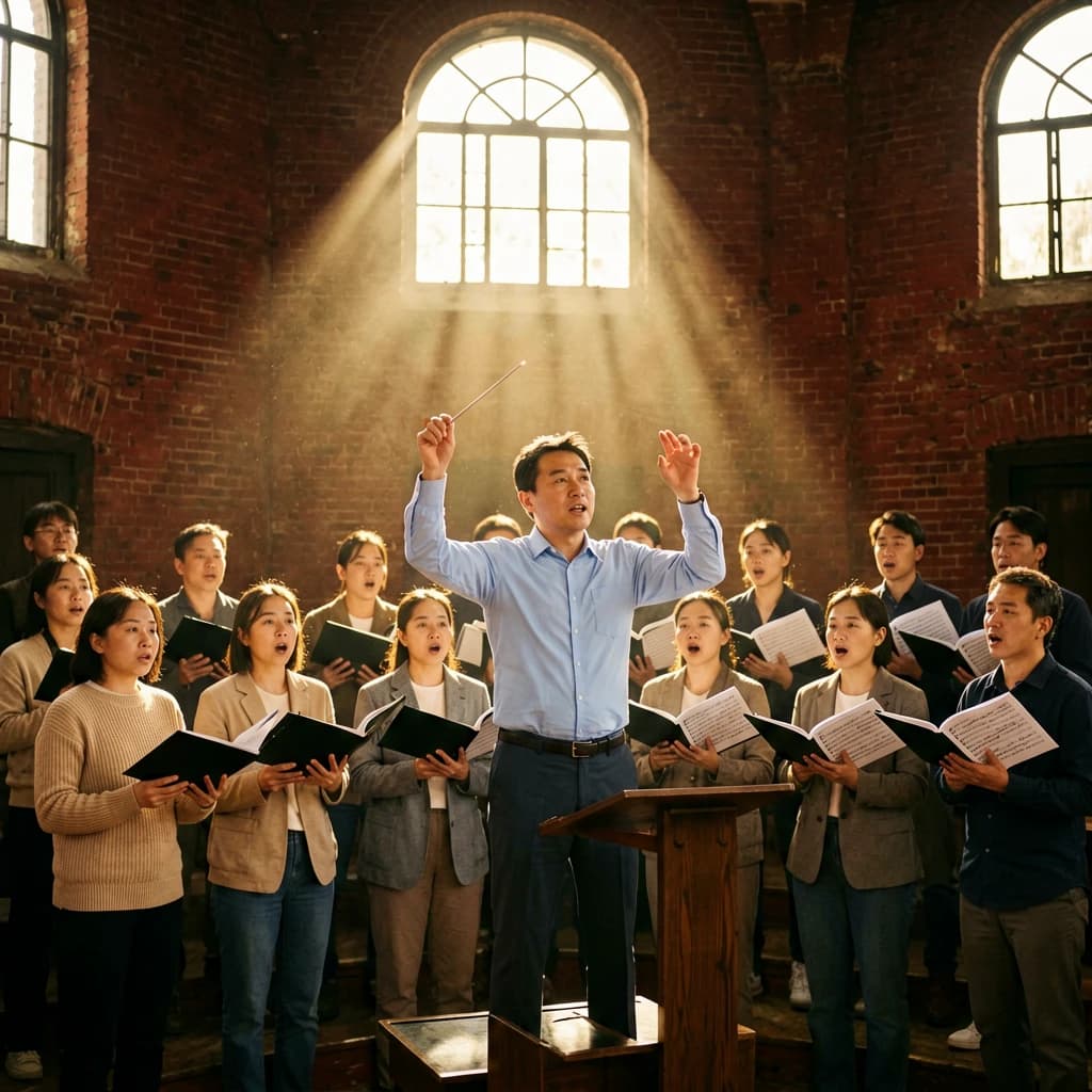 A choir rehearses in a brick hall as somewhat dramatic morning light falls through high windows, with a patient conductor mid-gesture, open scores, intent faces, slight motion blur.