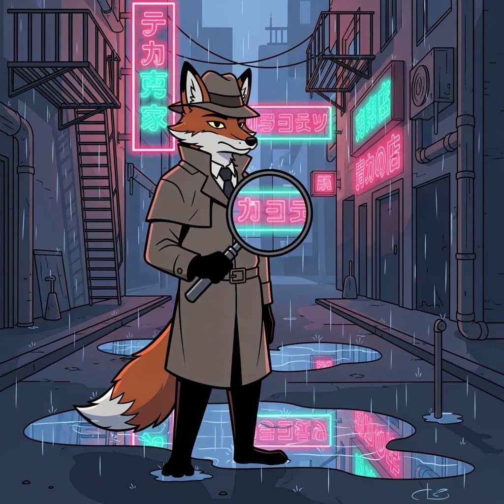 A fox detective stands in a rainy neon alley, bold outlines, flat colors, oversized magnifying glass; a bit moody, puddles reflect signs, raindrops like small dashes.