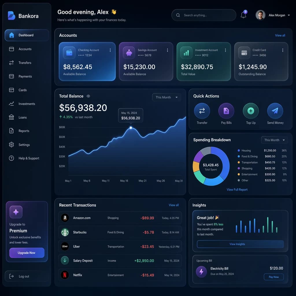 Dark mode banking dashboard with glassmorphism.
