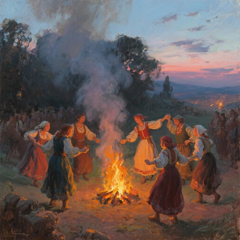 Make an oil painting of villagers dancing by a bonfire at dusk, a bit smoky.