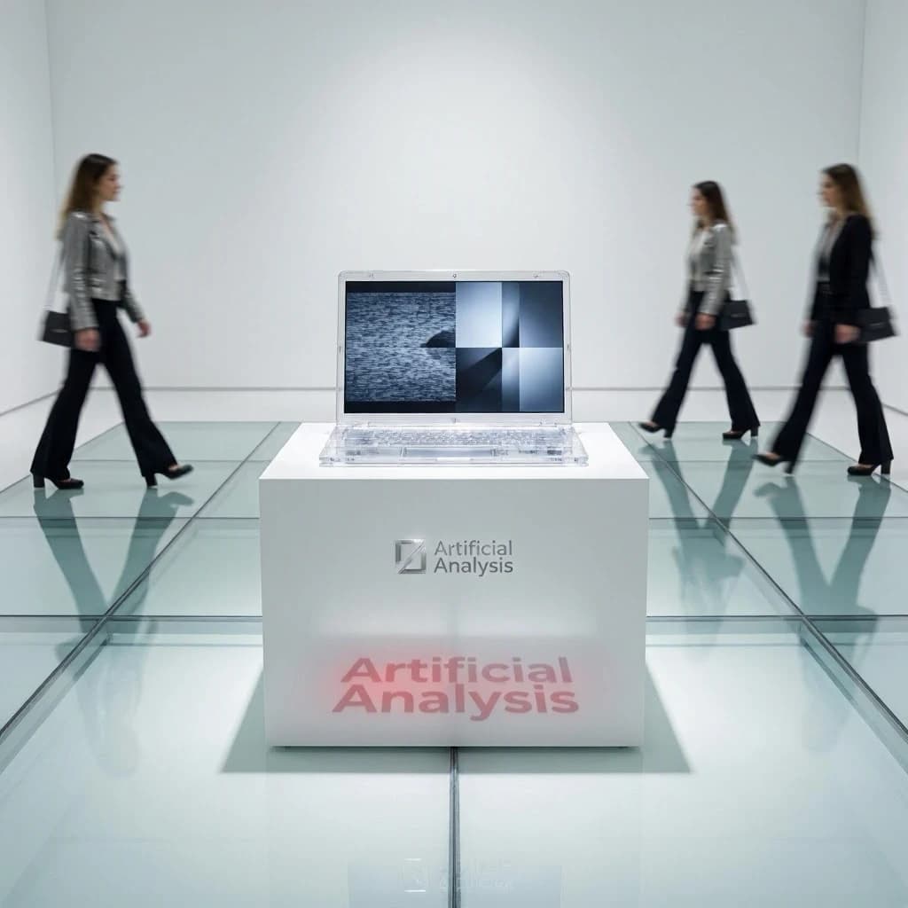 In a spotless gallery space, a pedestal supports a transparent laptop whose screen flickers between static and pristine brand imagery. Shoppers blur past in designer clothes that appear slightly outdated - bell bottoms, metallic jackets. The embossed logo “Artificial Analysis” glints silver, yet its reflection in the glass floor reads in crimson letters. A single spotlight shines, though shadows fall in two directions.