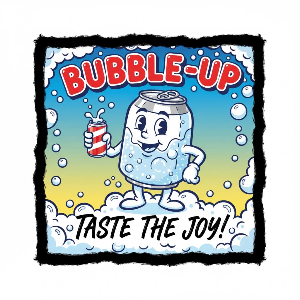 Design a bright soda billboard ad with a bubbly can mascot, thick inky lines.