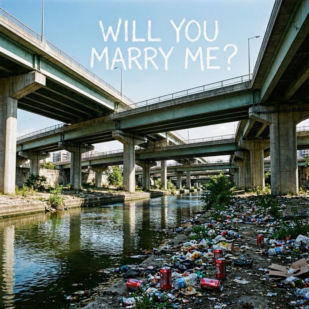 Red soda cans and other garbage sit strewn across the bank of an urban river only a few metres wide. Concrete overpasses criss cross overhead on a bright and sunny day. Fading skywriting proposes marriage