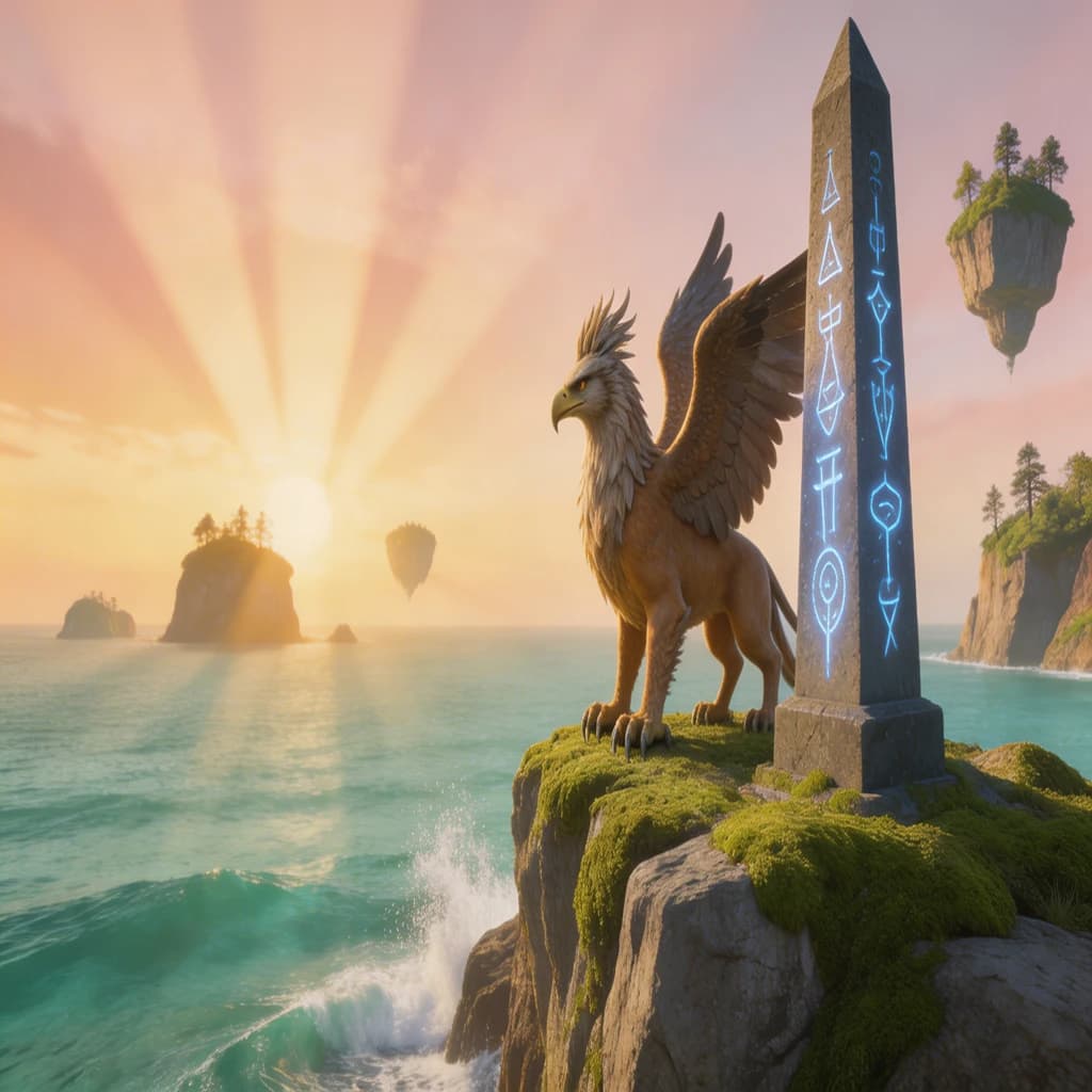 At dawn, a winged griffin lands on a mossy cliff above a jade sea beside a runed obelisk; floating isles drift under golden sunbeams, with a bit of sea spray and glowing runes.