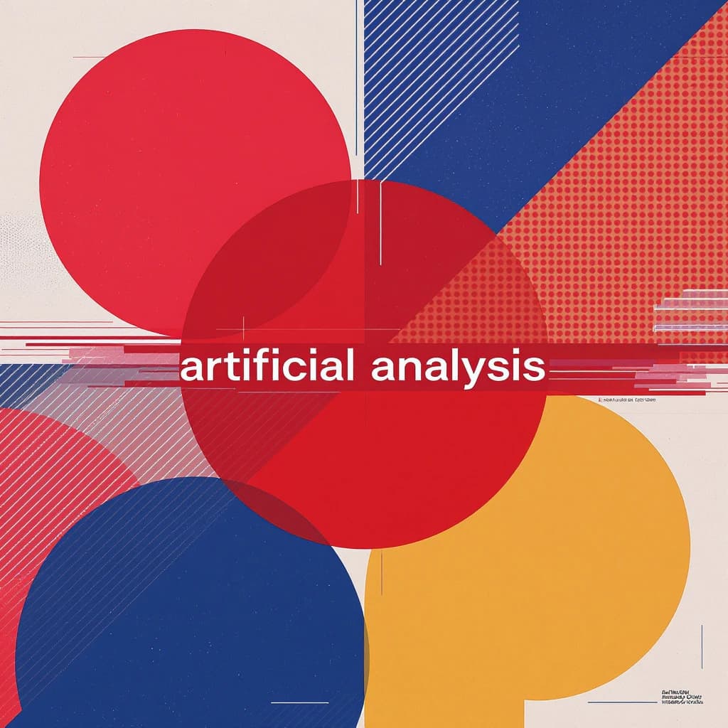 A bold poster composition dominated by flat geometric shapes in crimson, cobalt, and ochre. Overlapping circles and sharp diagonal lines create dynamic tension across the frame. A single sans-serif word — Artificial Analysis — stretches across the center in stark white, distorted slightly as though caught mid-glitch. The background is textured with halftone dots and faint grid lines, while subtle overlays of translucent rectangles suggest depth. Designed in the spirit of modernist Swiss typography fused with digital glitch aesthetics.
