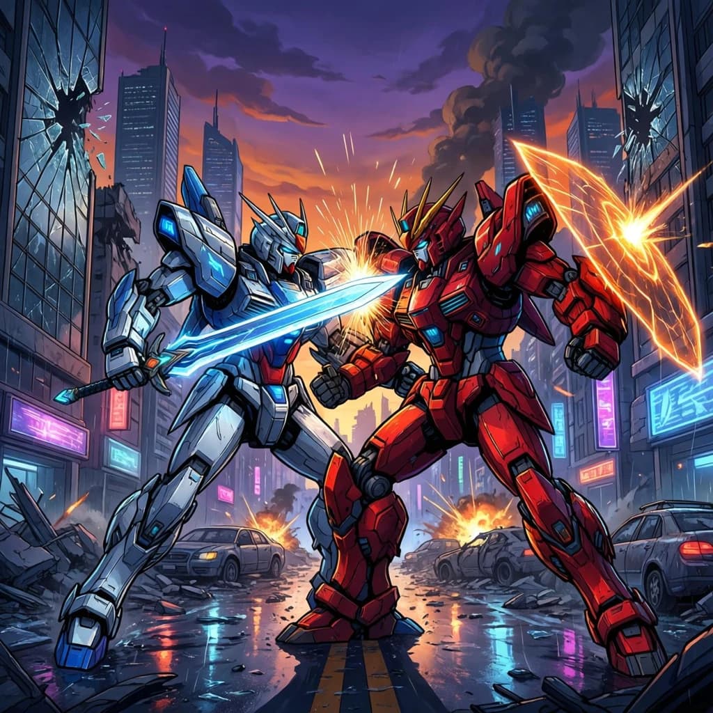 Make a cel-shaded mecha duel at dusk downtown.