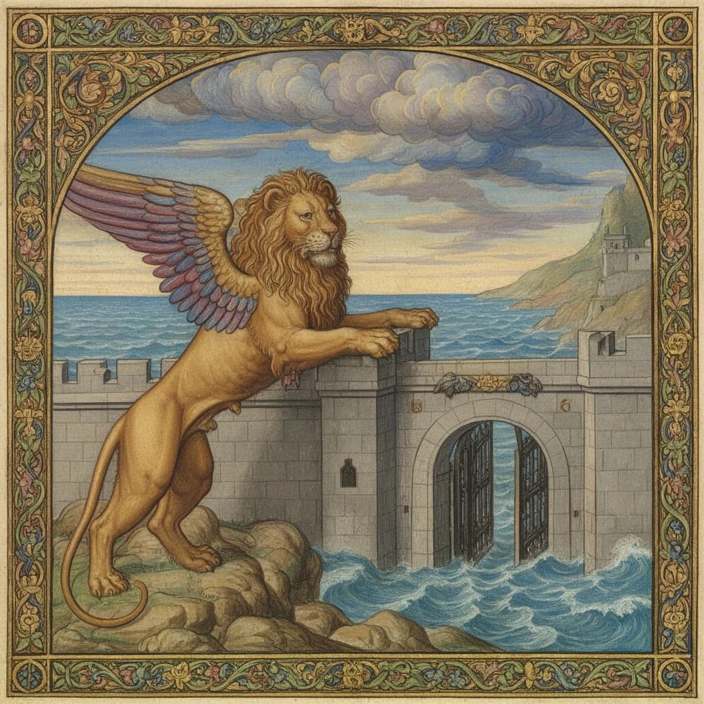 Paint an illuminated manuscript scene of a winged lion guarding a sea gate.