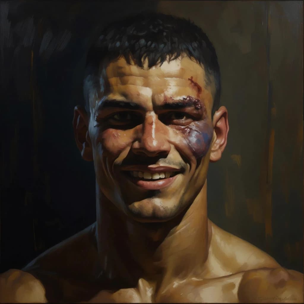 Paint a bruised boxer smiling, serious expression.