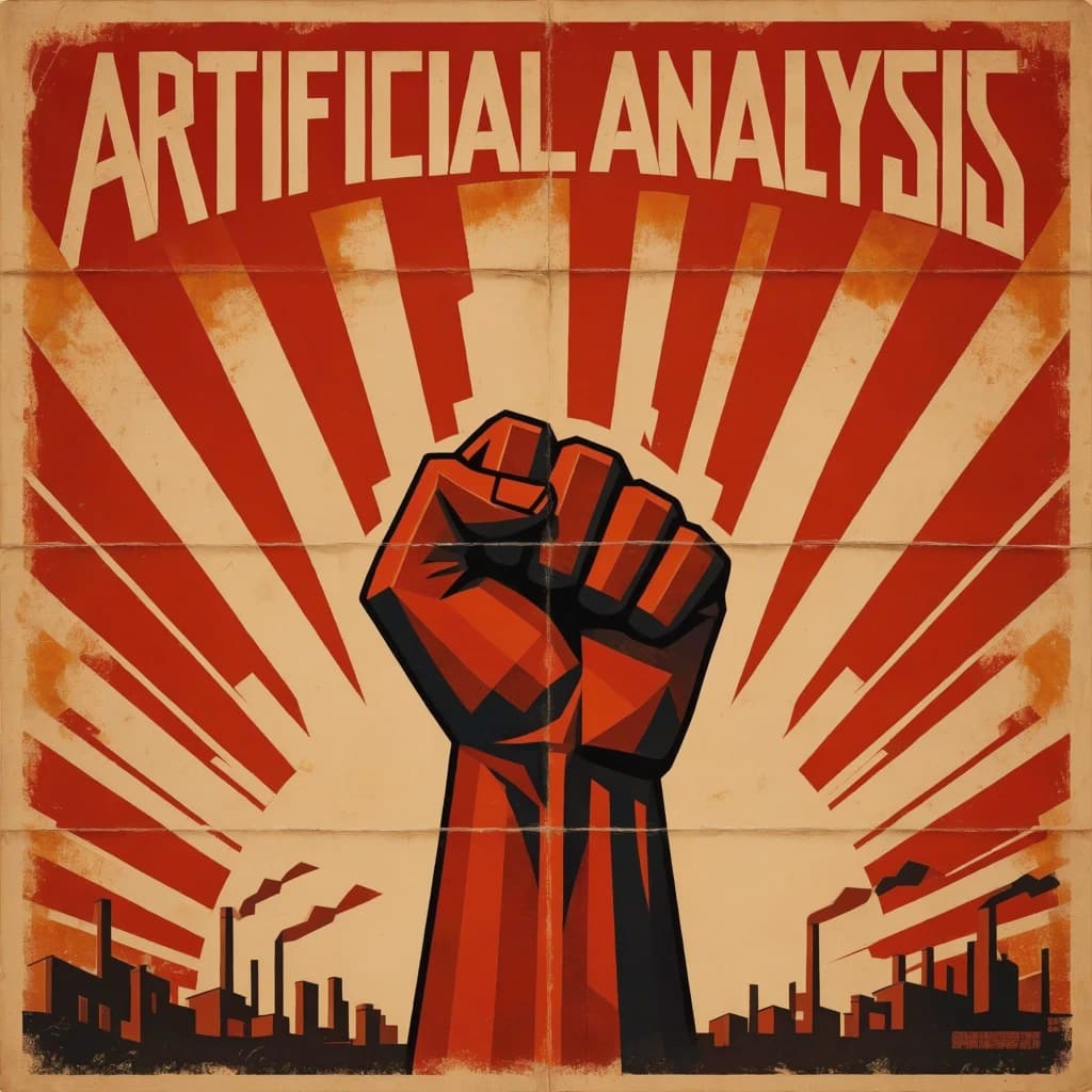 A propaganda poster in stark red, black, and beige. A clenched fist rises in the foreground, rendered with sharp geometric blocks. Behind it, radiating lines stretch upward toward a stylized sun. At the top, bold sans-serif lettering in Cyrillic-inspired type spells out Artificial Analysis, tilted at an angle for emphasis. A factory skyline silhouettes the bottom edge, smoke stacks rising into the background. The texture is rough, printed on aged paper with visible creases and ink bleed. Designed in the constructivist Soviet poster style.