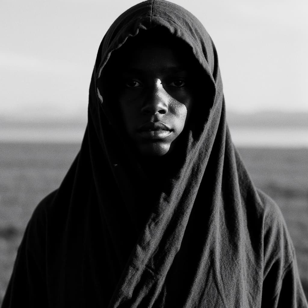 A dramatic black-and-white portrait of a young person draped in a hooded garment, their face framed by the hood's dark folds. Their skin tone and the subtle sheen on their cheeks create striking tonal contrast against the deep shadows. Their eyes are piercing, looking directly into the lens with a calm, steady intensity—neither confrontational nor submissive, but deeply present. The texture of the fabric is visible: it's dense, slightly weathered, and whisper-thin creases catch the light. In the background, an expansive, out-of-focus landscape suggests open space—perhaps distant plains or water—though the details remain soft and abstract. The overall mood is silent yet powerful, poised between vulnerability and resilience, with every highlight and shadow telling part of their story.