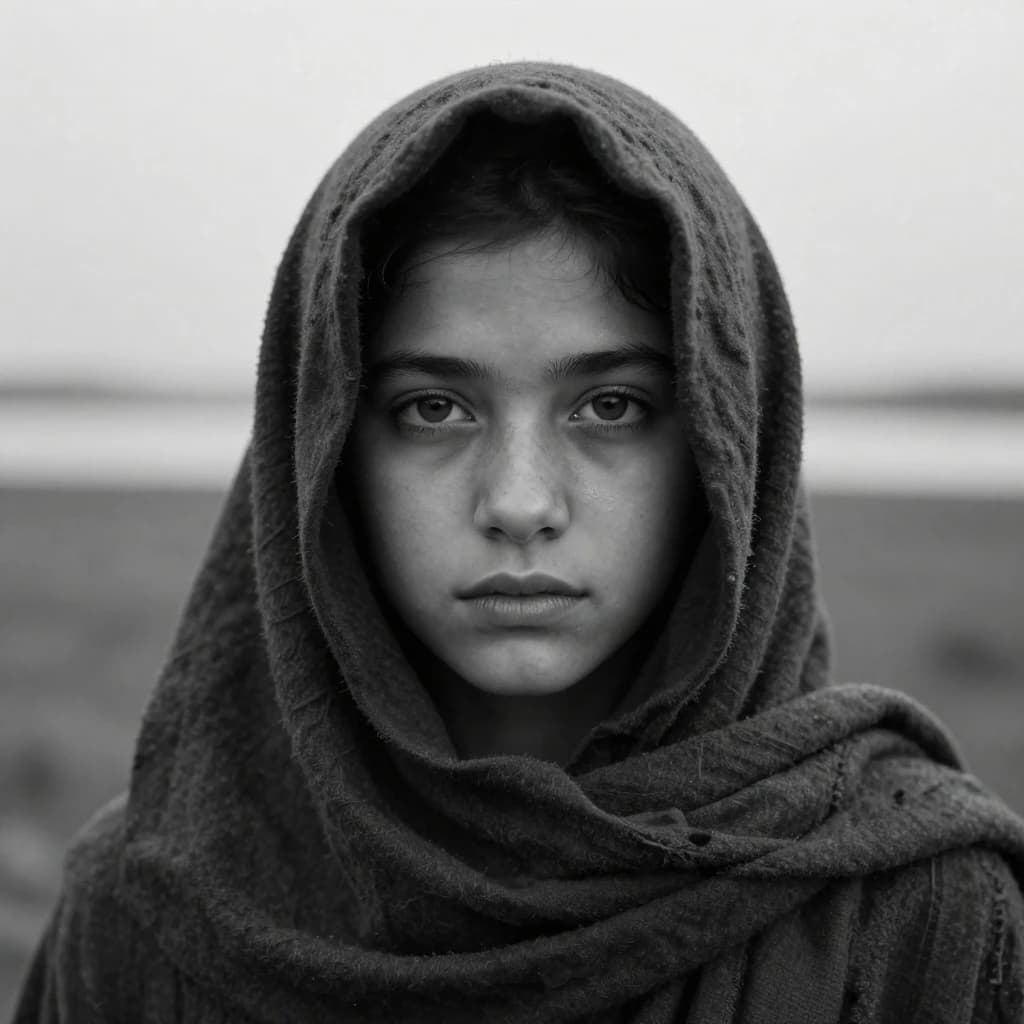 A dramatic black-and-white portrait of a young person draped in a hooded garment, their face framed by the hood's dark folds. Their skin tone and the subtle sheen on their cheeks create striking tonal contrast against the deep shadows. Their eyes are piercing, looking directly into the lens with a calm, steady intensity—neither confrontational nor submissive, but deeply present. The texture of the fabric is visible: it's dense, slightly weathered, and whisper-thin creases catch the light. In the background, an expansive, out-of-focus landscape suggests open space—perhaps distant plains or water—though the details remain soft and abstract. The overall mood is silent yet powerful, poised between vulnerability and resilience, with every highlight and shadow telling part of their story.