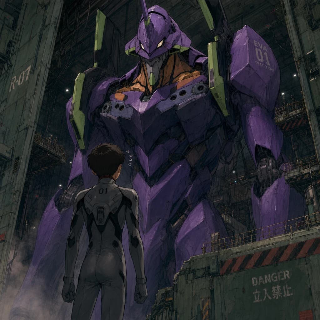 Clad in his body suit up to the neck, young Masa nervously approaches the towering mech with his back facing us. He is nervous for his first time in the field. The mech's bright purple colour scheme contrasts with the grey body suit. The scale of the mech dwarfs Masa. Hand drawn style
