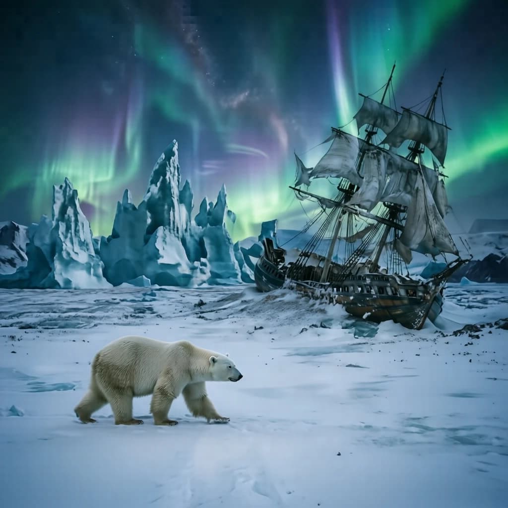 An endless tundra stretches outward, littered with jagged icebergs shaped like cathedral spires. A polar bear trudges across the foreground but leaves no tracks. Auroras ripple overhead. A half-buried shipwreck juts from the snow — sails billowing despite the still air.