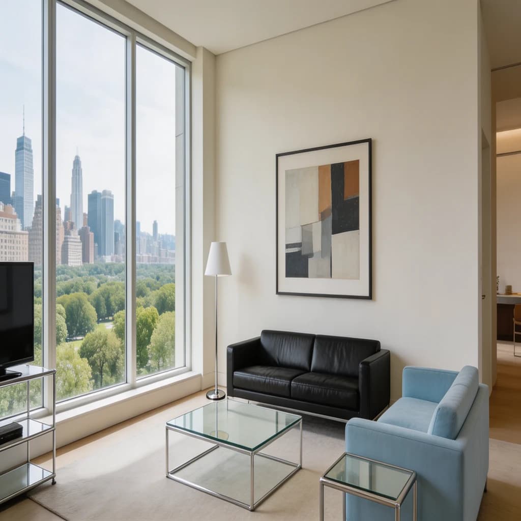 My apartment overlooks Central Park. It’s very luxurious, very expensive, and the furniture is minimal — a black leather couch, a glass coffee table with chrome legs, an Arne Jacobsen floor lamp. A big-screen television set rests on a steel shelving unit. A David Onica painting hangs above the couch. There’s a stainless steel and glass cocktail table. A powder-blue sofa. A thirty-inch digital TV.