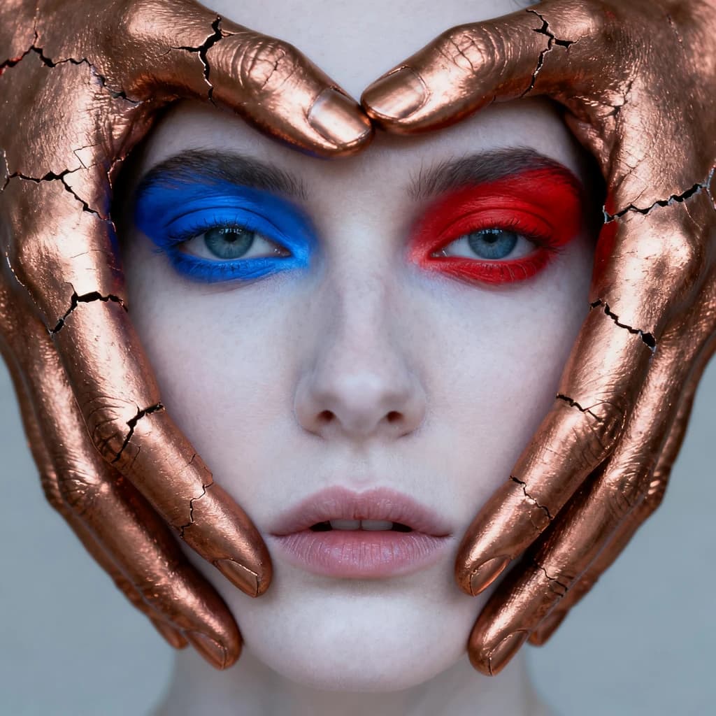 A striking close-up portrait of a woman with cracked metallic copper-painted hands framing her face. Her vivid blue and red eye makeup contrasts sharply with the smooth, pale skin and muted background, creating a bold, surreal composition. She displays an air of uncertainty about her