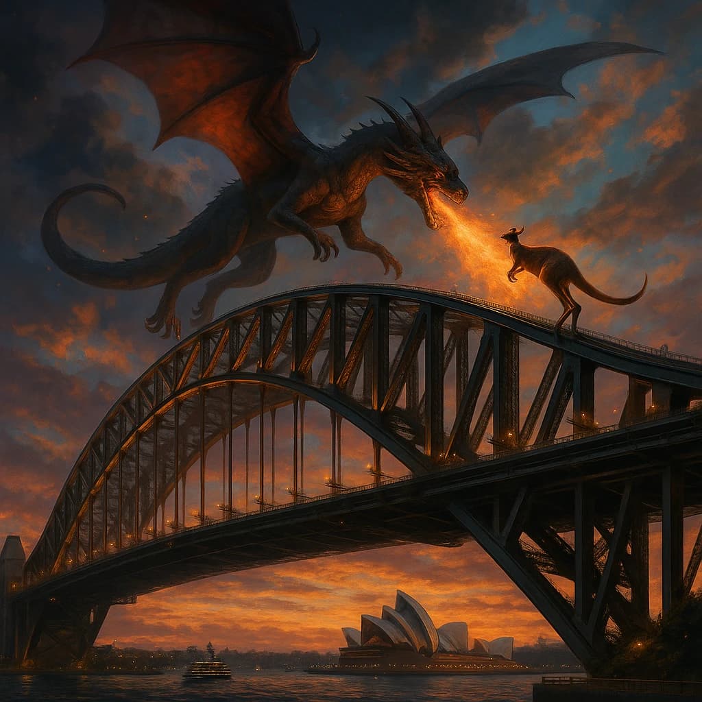 A dragon breathes fire at a kangaroo that is running away by climbing over the top of the Sydney Harbour Bridge. Opera House visible in the background.