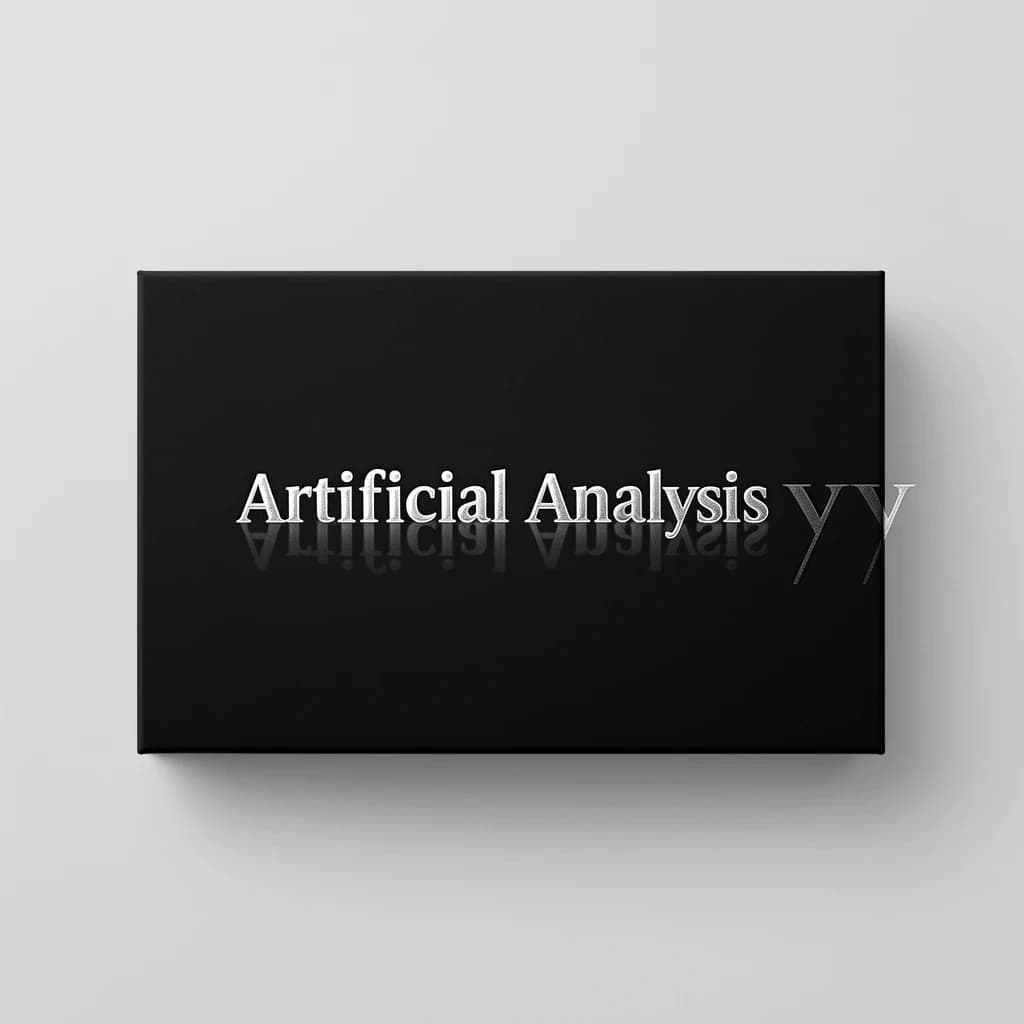 On the black box, silver foil embossing, centered: "Artificial Analysis" in Comic Sans Small Caps, perfectly justified. The letters are crisp, but the “Y” is duplicated faintly, ghosting right. On the box’s reflection, the word order is inverted: ARTIFICIAL ANALYSIS.