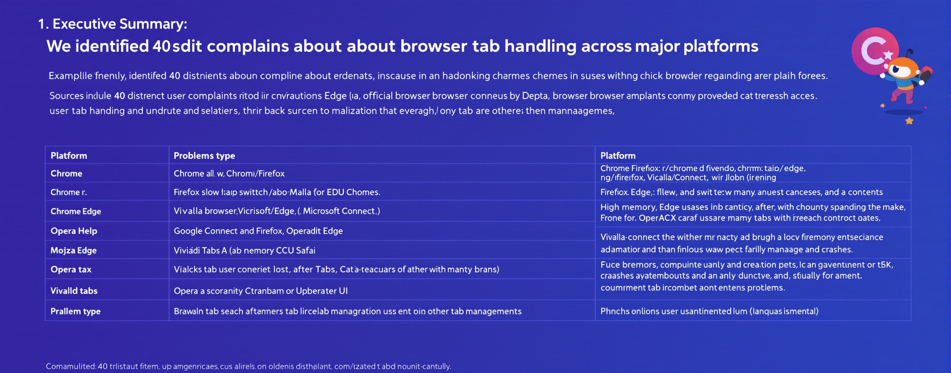 Executive Summary We identified 40 distinct user complaints ...
