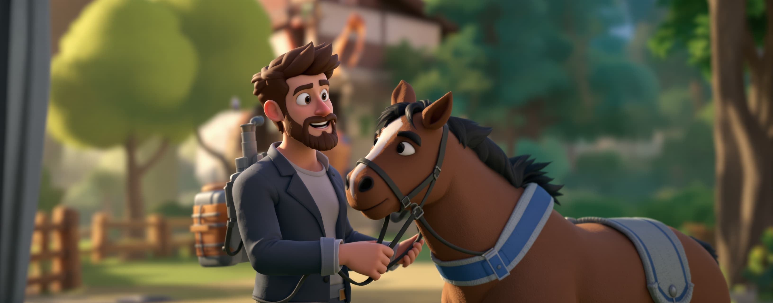 Create animatiom world of man at horse explaining about mana...