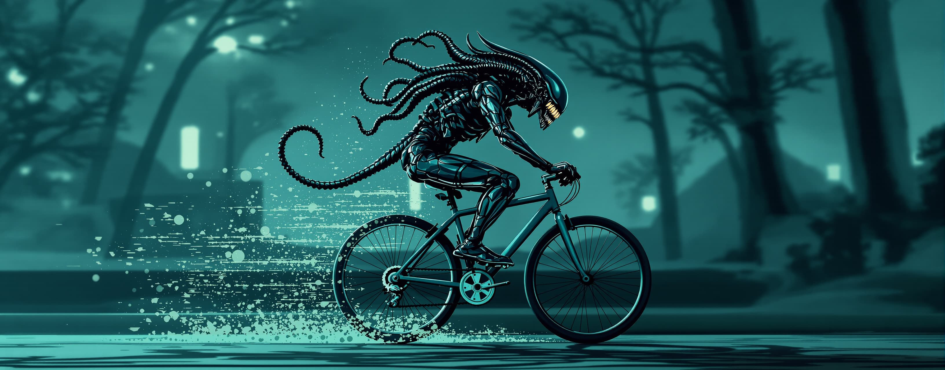 SVG. Xenomorph ride bicycle, animated with parallax. You sho...