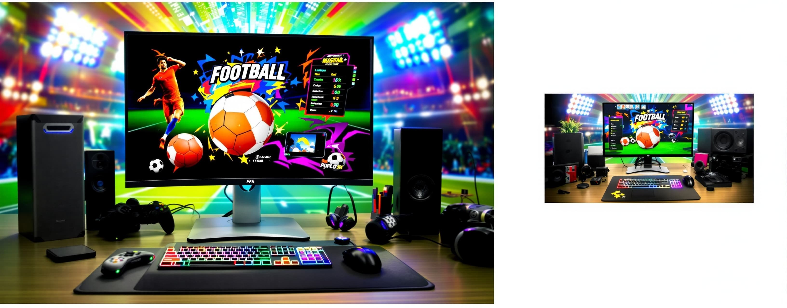 A vibrant, colorful scene featuring a monitor displaying a f...