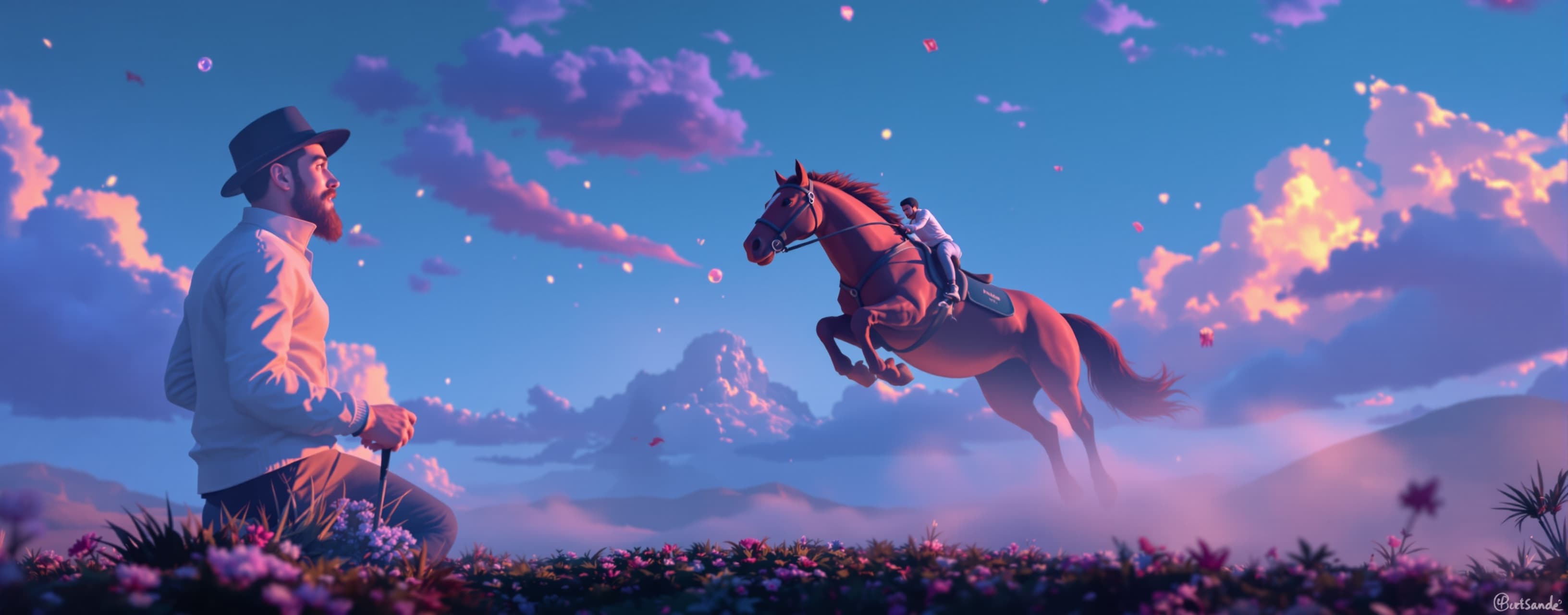 Create photorelatic world of man at horse explaining abou ma...