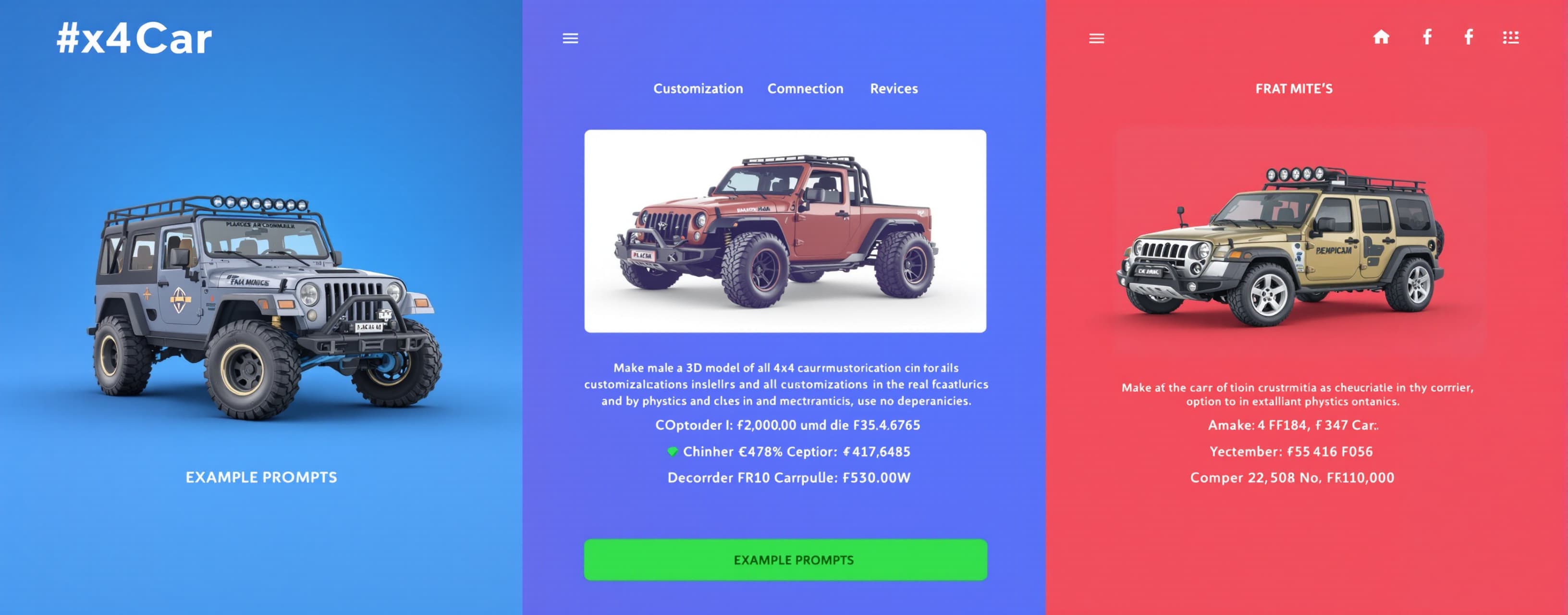 make a 3d model of a 4x4 car with all customization options ...