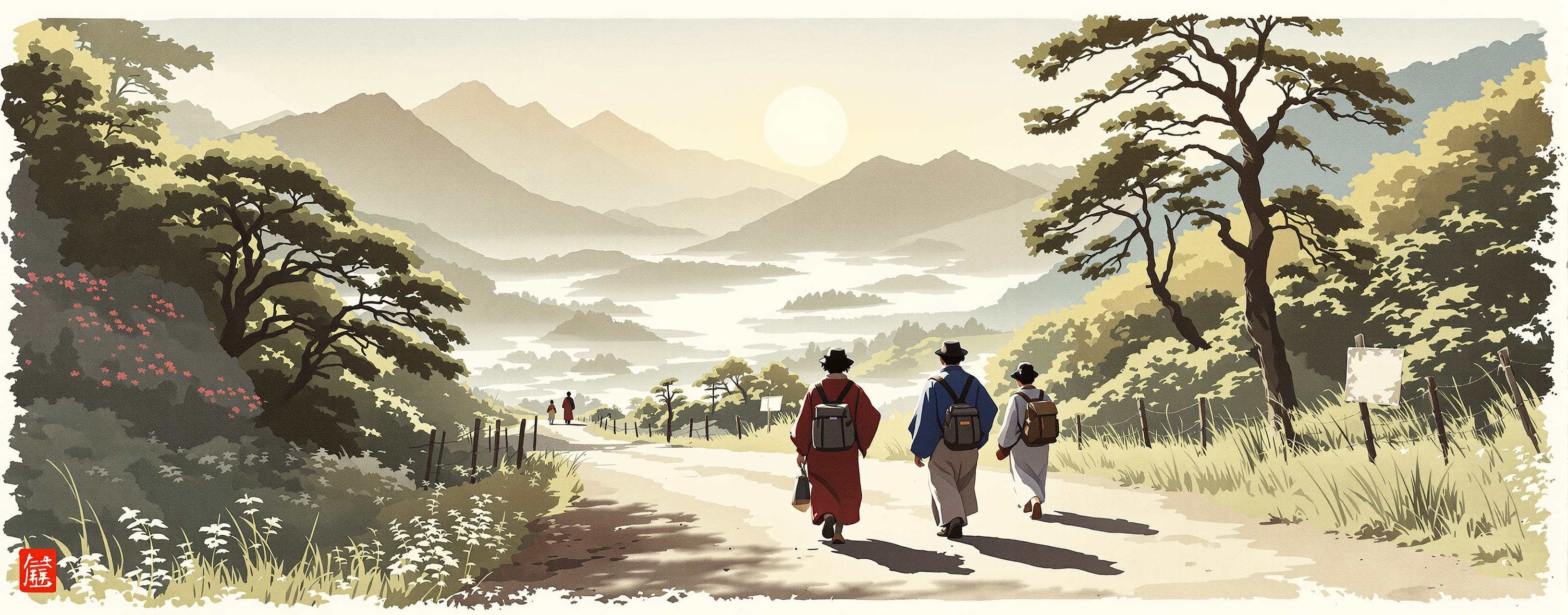`Three Japanese travelers from behind, walking eastward from...