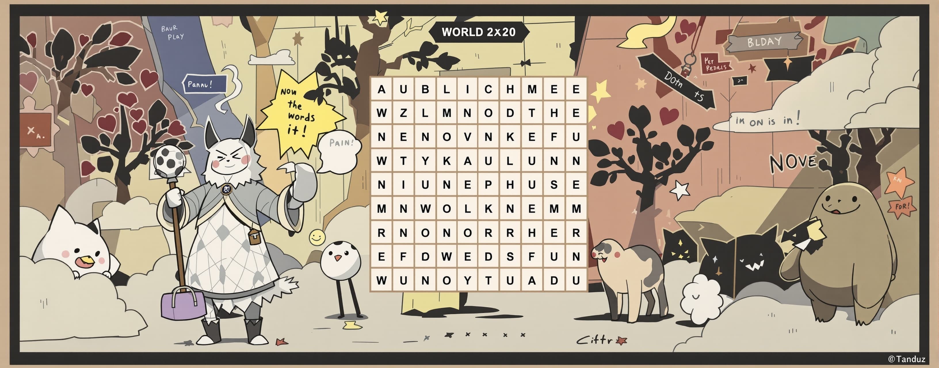 Generate a 20x20 word search game and also the ability to fi...