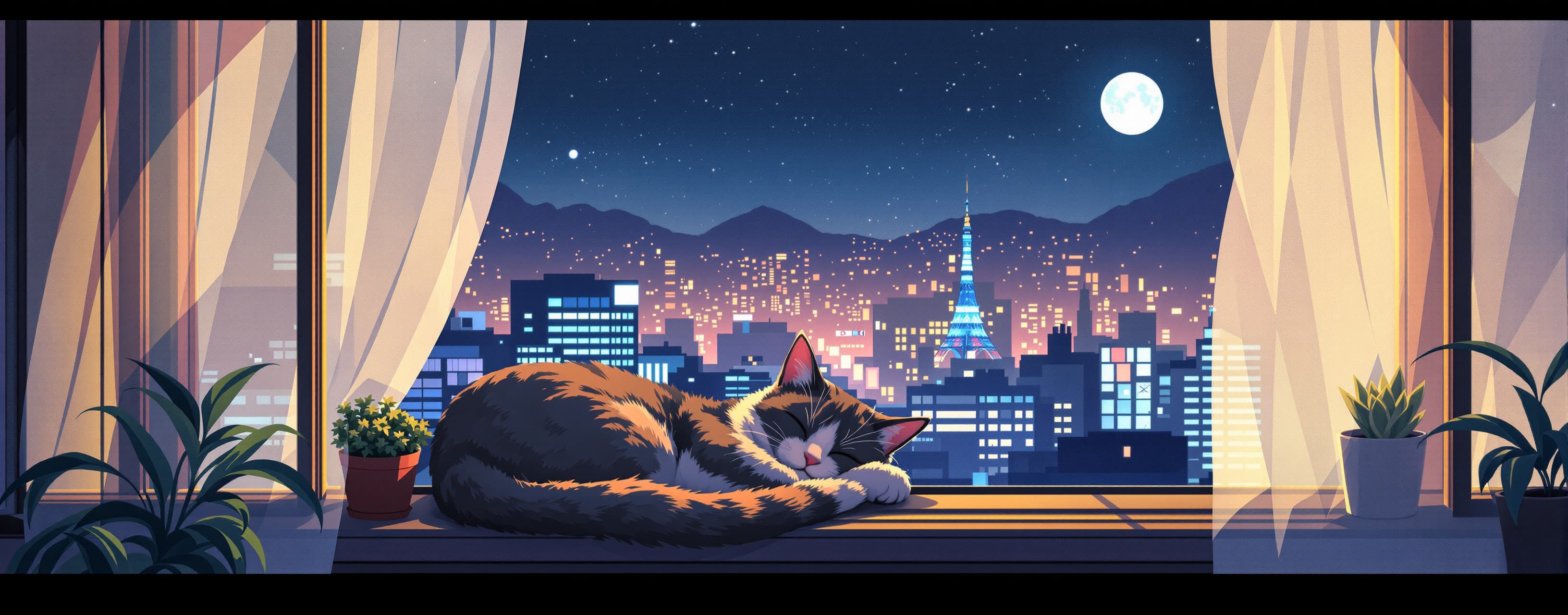 A cat curled up on a window frame of a 90s japanese bedroom ...