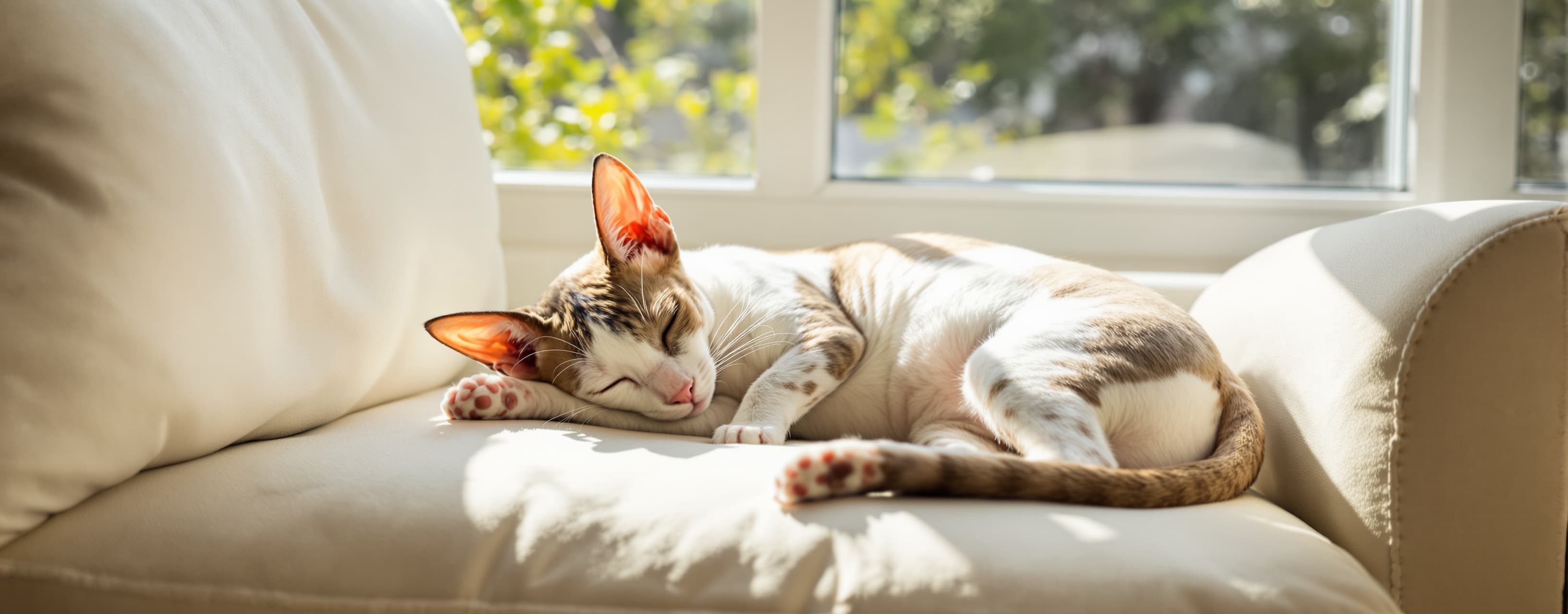 A picture of a tan white and dark brown Cornish rex sleeping...