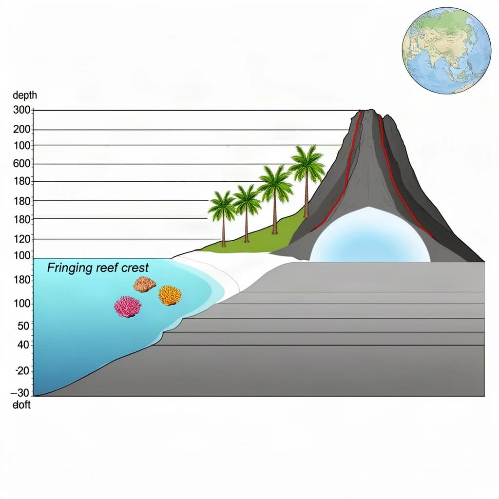 Cross section of a volcanic tropical island as a flat academic figure with clean colour blocks and a horizontal sea level line. Reading from the ocean on the left toward the right: a fringing reef crest, a shallow lagoon holding three coral heads, a white sand beach, a coconut palm belt of five trees, then a rising basalt cone with two lava layers picked out in darker grey, and a freshwater lens drawn as a pale blue dome under the middle of the island. Below sea level the flanks drop in three stepped terraces to a flat deep floor. Eight leader line labels, a depth scale down the left edge, and a small locator inset in the top right.