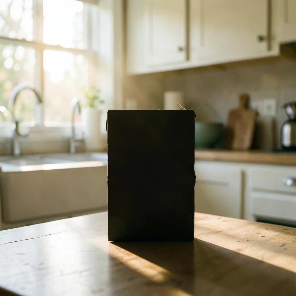 The still point when a paper lantern reads as a single dark silhouette, in a sunlit kitchen, under soft morning light.