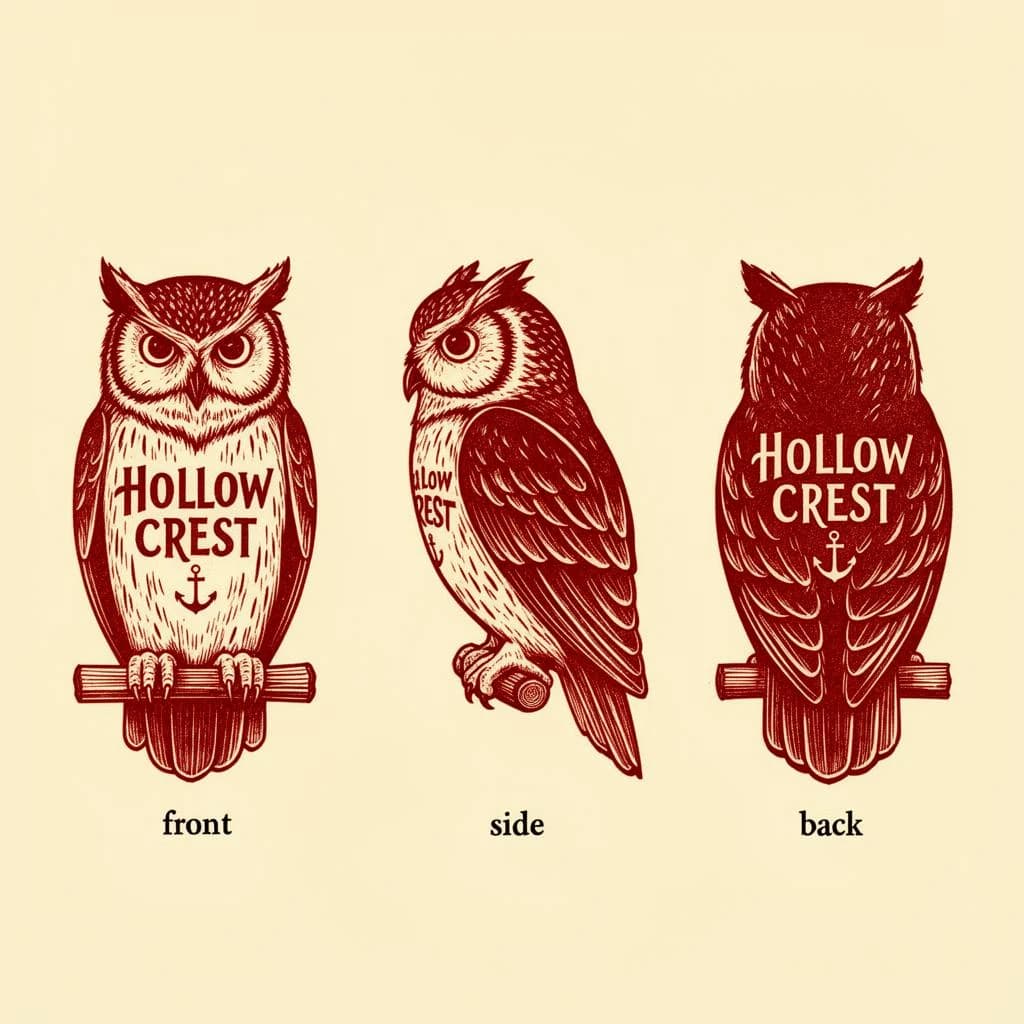 Linocut print: one bookstore owl mascot in three views. The views are captioned "front", "side" and "back" in that order. The wordmark "Hollow Crest" appears on every view with a small anchor mark beside it. The red-and-cream coloring is the same across every view, and only the angle changes.