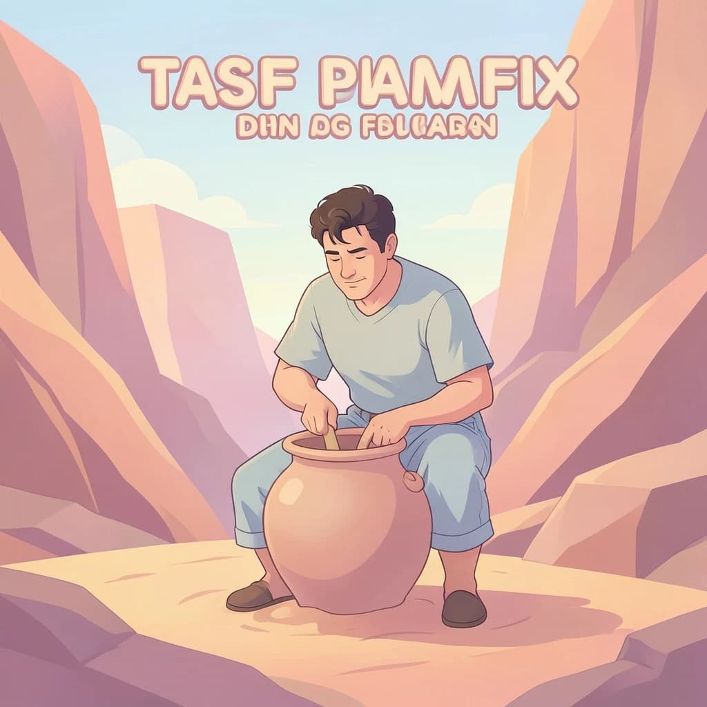 Poster illustration of a potter in a desert canyon, soft gradient fills, smooth vector finish, pastel palette.
