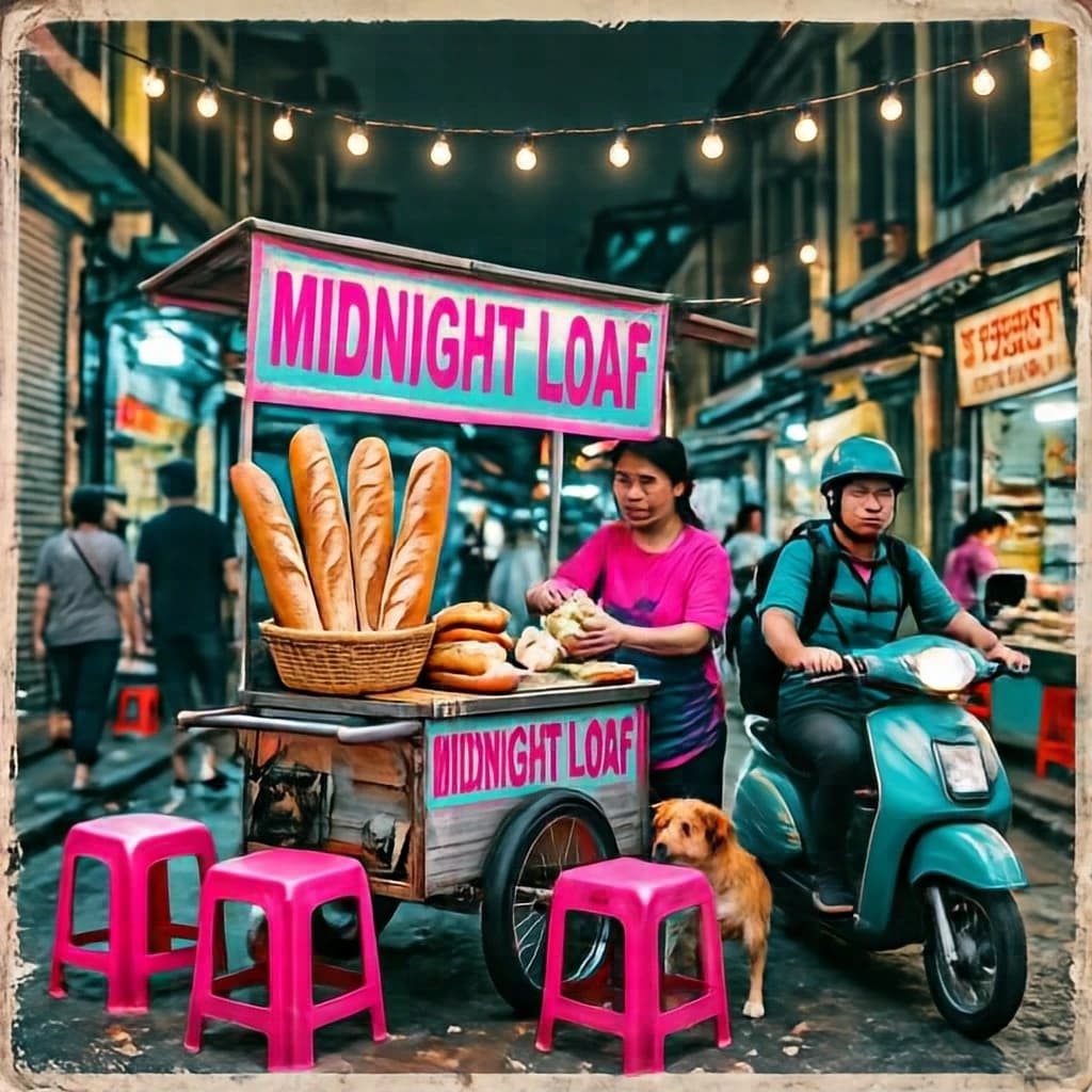 Two-color risograph print key art in fluorescent pink and teal with visible misregistration and paper grain, for a street food courier game. A night market alley: the banh mi cart at center with three baguettes standing upright in a basket and two more being sliced by the vendor, who hands one wrapped sandwich down to a courier straddling a scooter. Four plastic stools in front of the cart, three occupied and the one nearest the gutter tipped over. Two strings of bulbs cross overhead. A dog waits under the cart axle. The stall banner reads "Midnight Loaf".