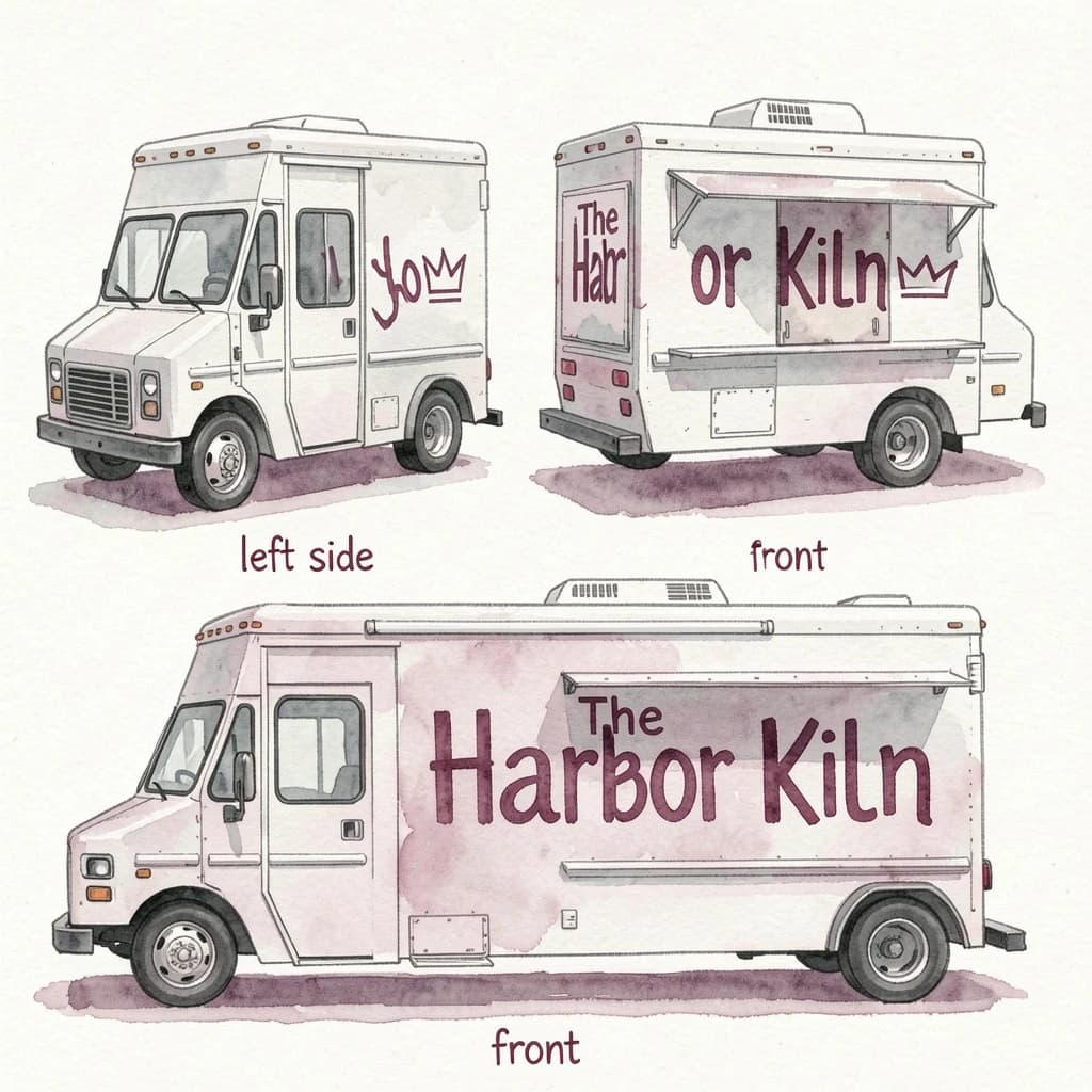 Watercolor of the same food truck drawn in two sides, captioned "left side" and "front", every side carrying the wordmark "The Harbor Kiln" with a simple crown outline beside it in the same maroon-and-gray coloring, only the side changing.