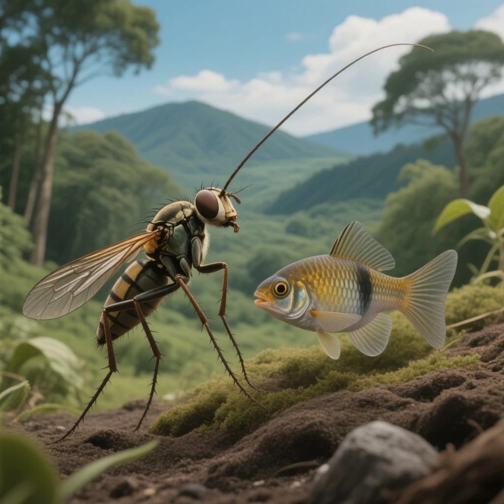 Dobson Fly and Topminnow in Kinshasa, DR Congo in the style of cubist